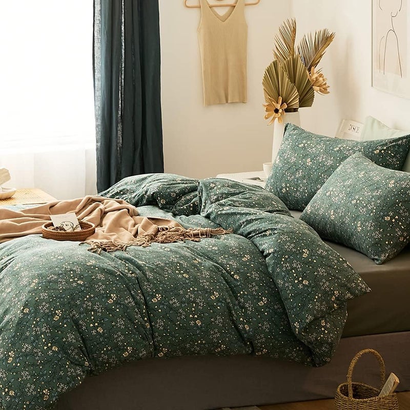 LifeTB Green Floral 100% Jersey Knit Cotton Duvet Cover Queen Vintage Style Botanical Floral Bedding Set Chic Shabby Green Floral Comforter Cover Girl Women Flower Bedding Cover with 2 Pillowcases - Image 4